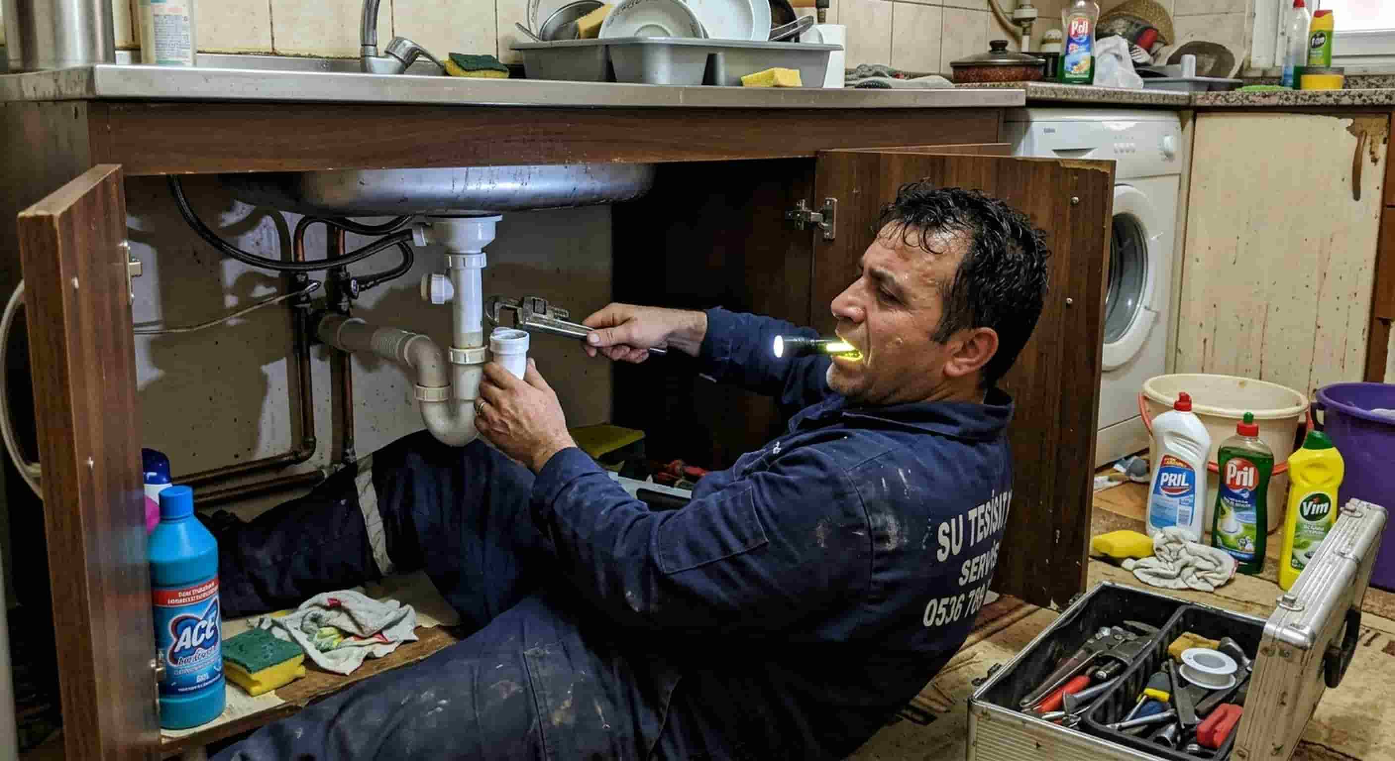 Lavabo gider bağlantısını kontrol eden usta